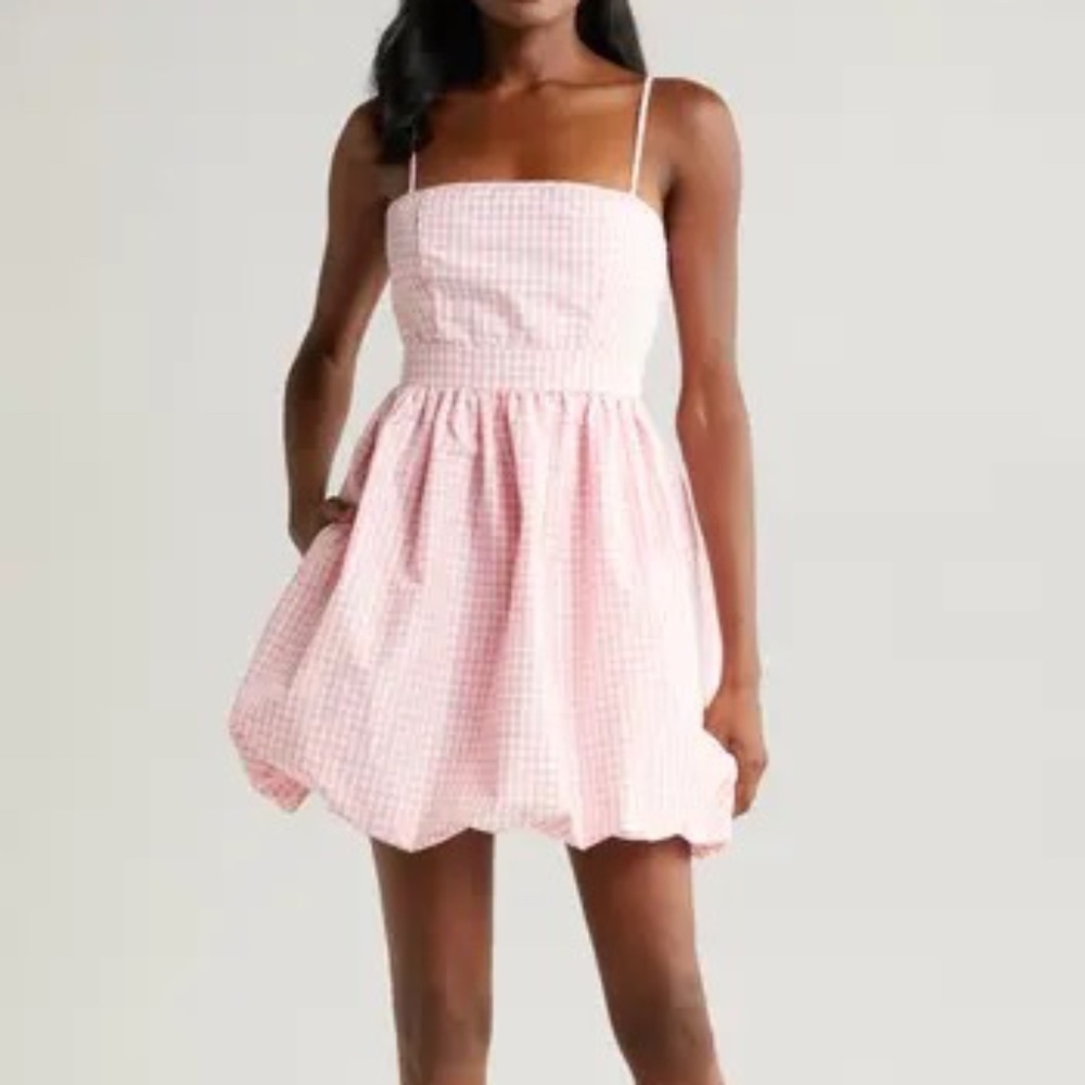 1 State Gingham Bubble Hem Mini Dress Pink White 4